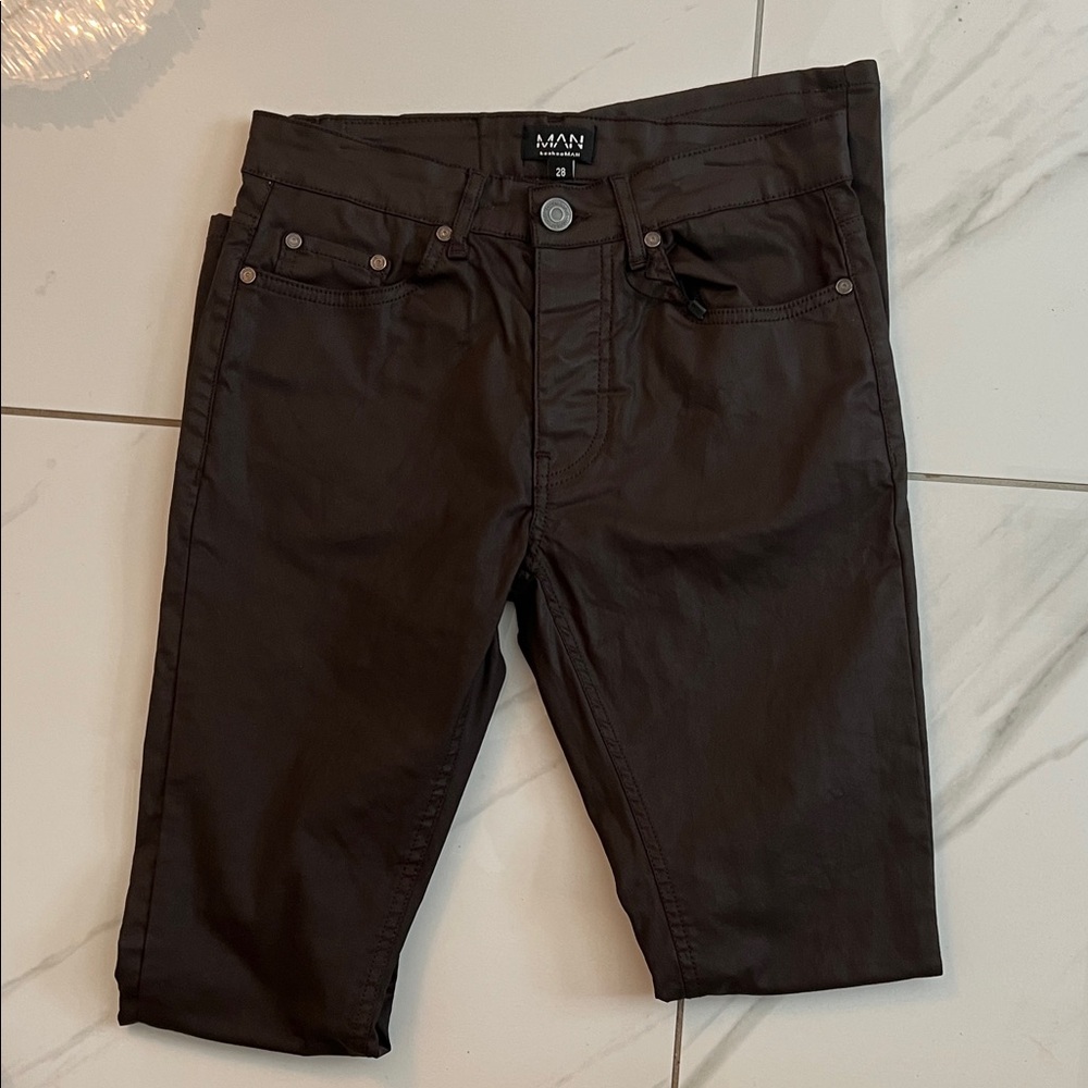Boohoo Mens Dark Brown Skinny Stacked Jeans
